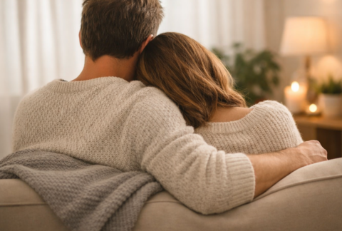 Couple enlacé sur un canapé, image symbolique d’intimité et de connexion