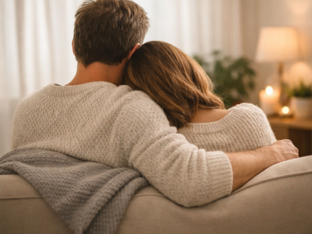 Couple enlacé sur un canapé, image symbolique d’intimité et de connexion