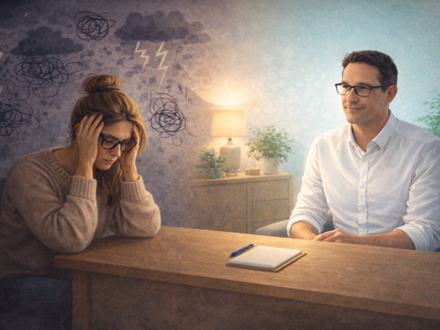 Thérapeute accompagnant une patiente en burn-out dans un cabinet, illustration du passage du chaos mental vers l’apaisement