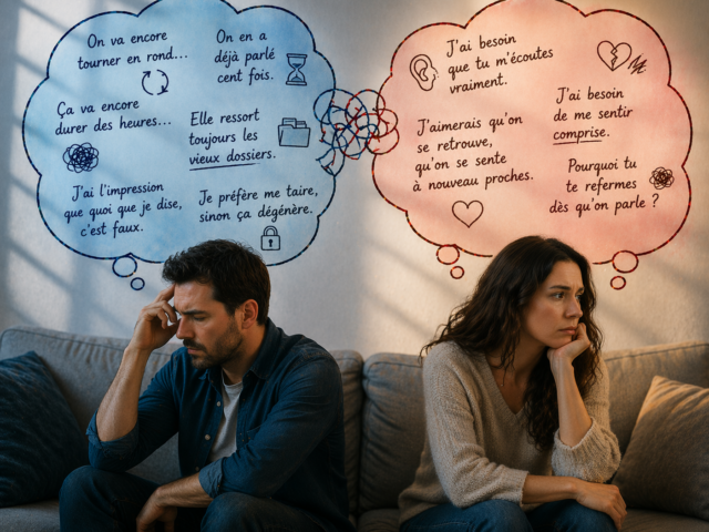 Couple en difficulté de communication à Cahors illustrant les malentendus relationnels