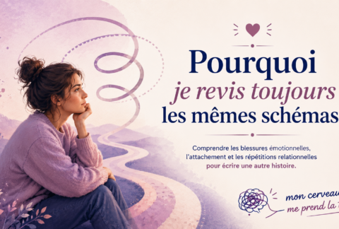 Illustration représentant une personne réfléchissant aux schémas répétitifs, aux blessures émotionnelles et à l'attachement.