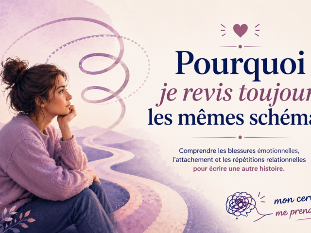 Illustration représentant une personne réfléchissant aux schémas répétitifs, aux blessures émotionnelles et à l'attachement.