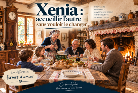 Xenia, accueillir la différence : famille réunie autour d'une table, avec une place vide réservée à l'inconnu, dans une maison traditionnelle.