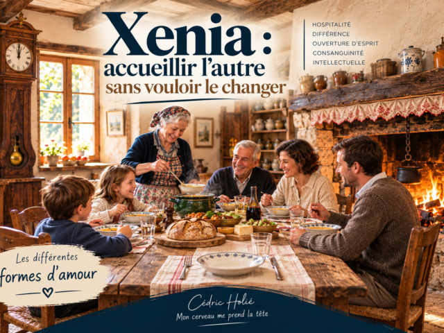 Xenia, accueillir la différence : famille réunie autour d'une table, avec une place vide réservée à l'inconnu, dans une maison traditionnelle.